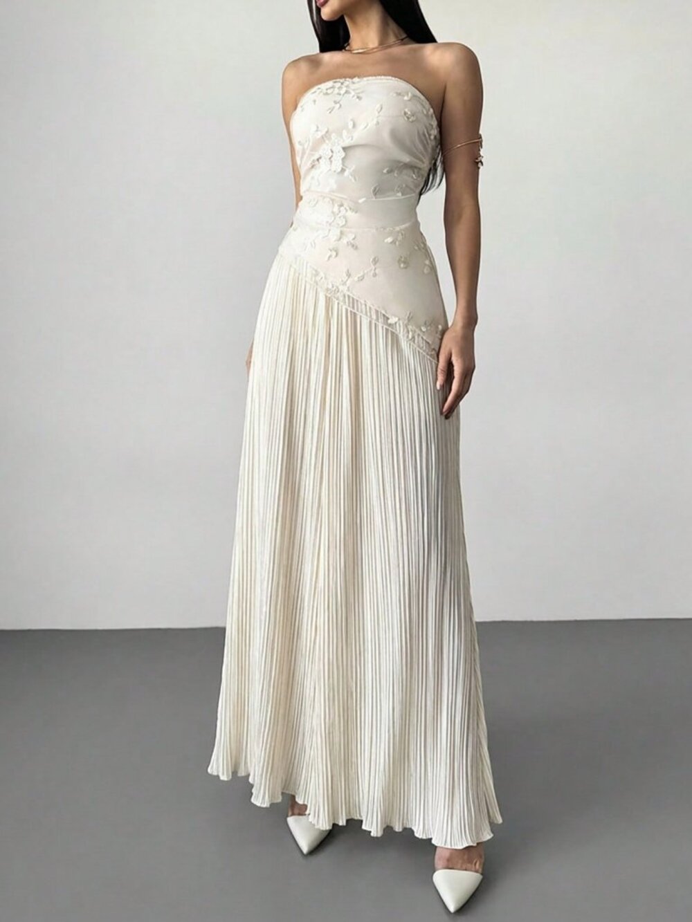 Apricot Elegant Women's Embroidered Fabric Asymmetric Pleated A-Line Dress - Picture 7 of 8